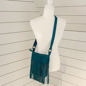 Turquoise Suede-Like Fringe Crossbody Bag